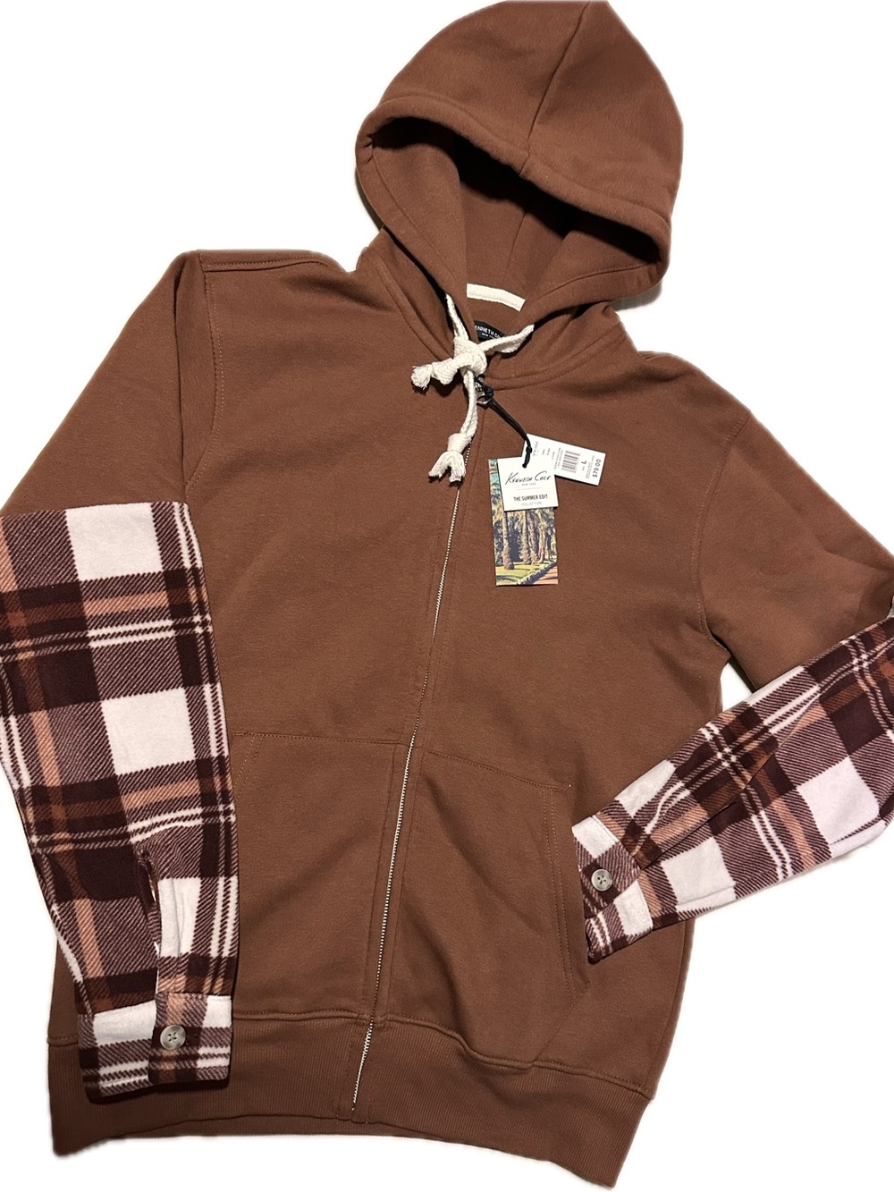 Kenneth Cole Brown Hoodie with Plaid Sleeve Accents